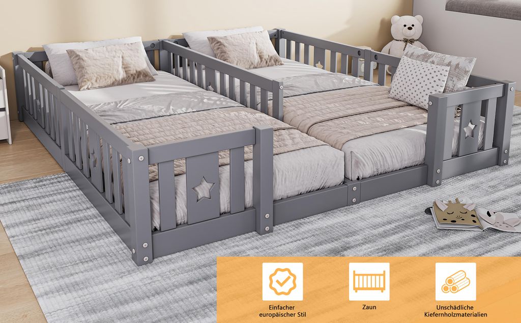 ProximaX Doppelbett Grau mit Lattenrost und Sicherheitszaun, 2er-Set Kinderbett mit Sternmotiv, Robustes Kiefernholzbett für Familien