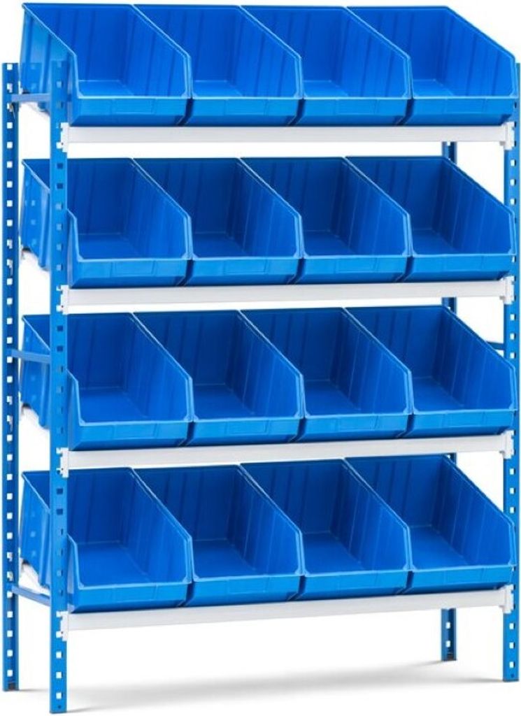 Schrägbodenregal MAXIMUS mit 16x Sichtlagerboxen à 31,5L | Fachlast 130kg | Grundregal | HxBxT 160x125x40cm | 4 Ebenen | Lichtblau/Lichtgrau