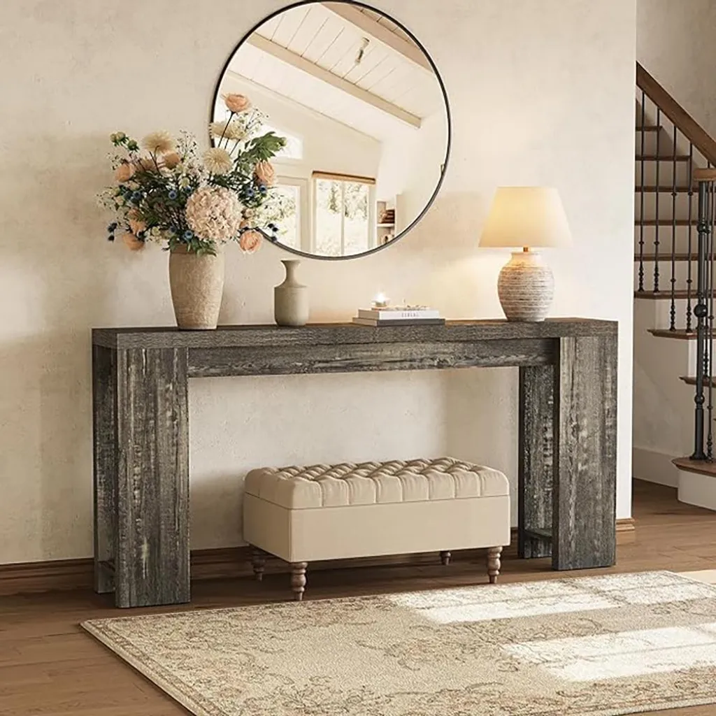 Console d'entrée 160 cm avec rangement, table de couloir étroite bois
