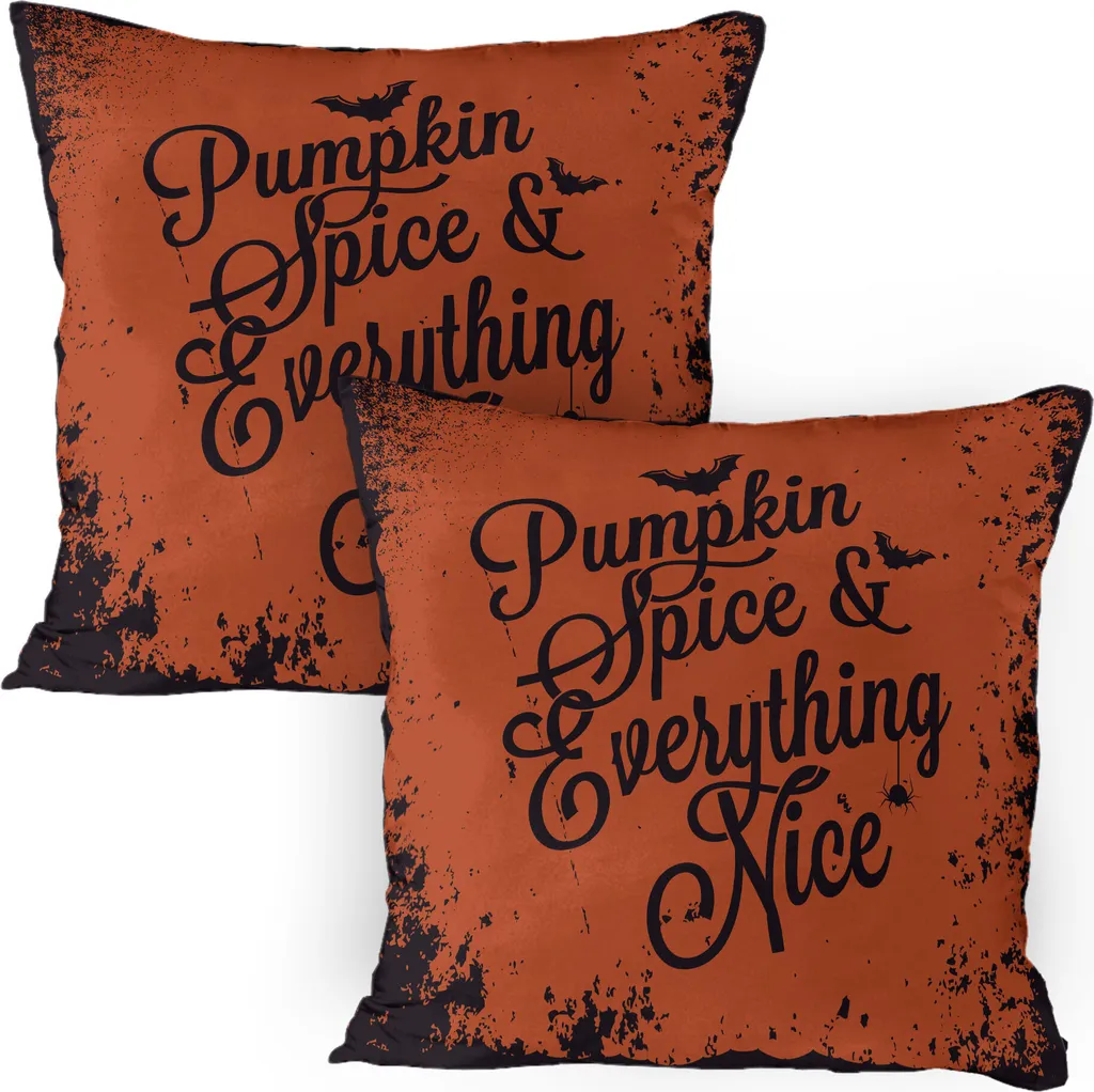 ABAKUHAUS Federa con motivo zucca Confezione da 2, mazze di Halloween e zucche con cornice dipinta in stile grunge, federa decorativa stampata, 80x80 cm, marrone cannella castagna
