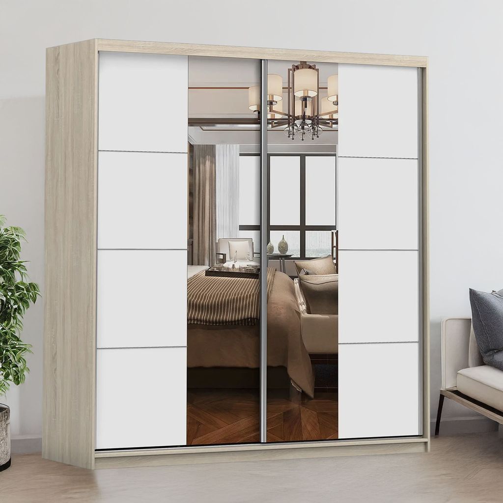A sliding door wardrobe with mirrored panels, shown in a room setting.