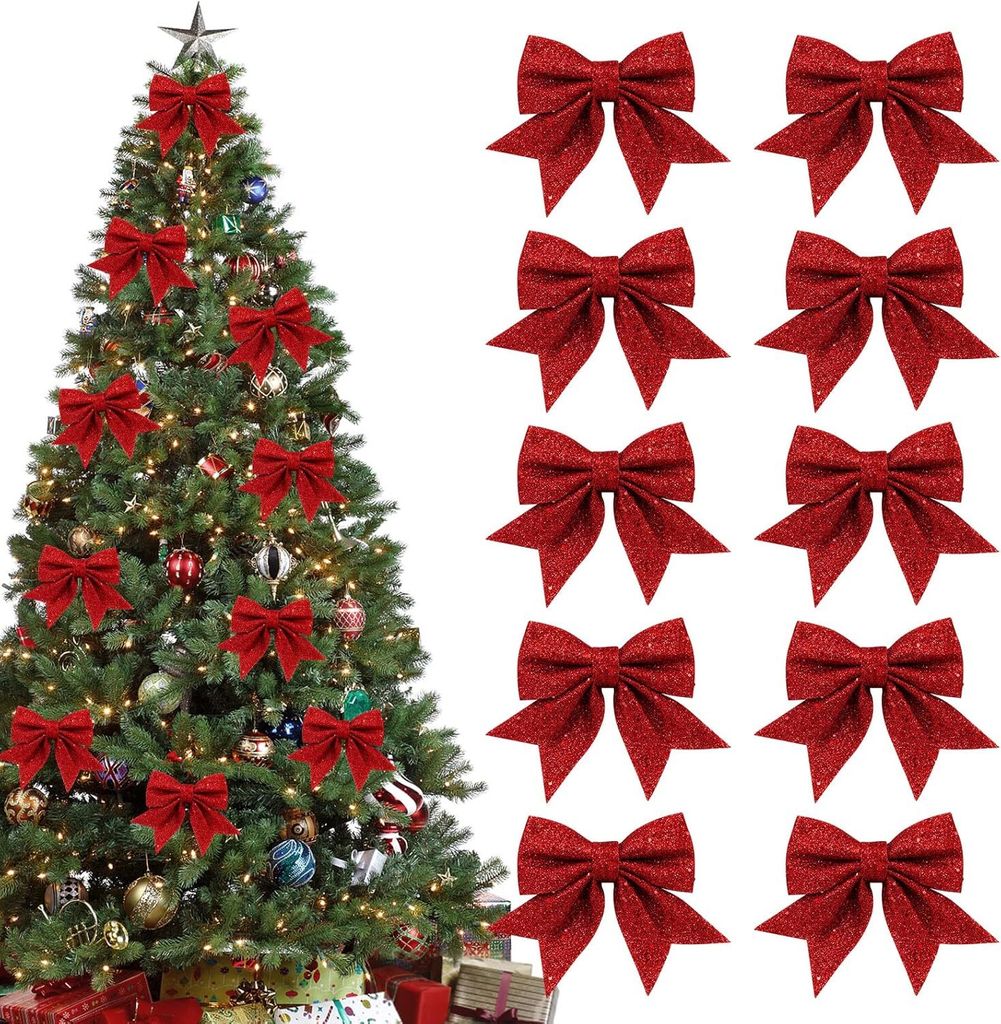 10 Stš¹ck Rote Schleifen Weihnachten Glitzer Weihnachtsbaum Schleifen Weihnachtsbaumschmuck fš¹r Familienfeiern Party Dekoration fš¹r Weihnac...