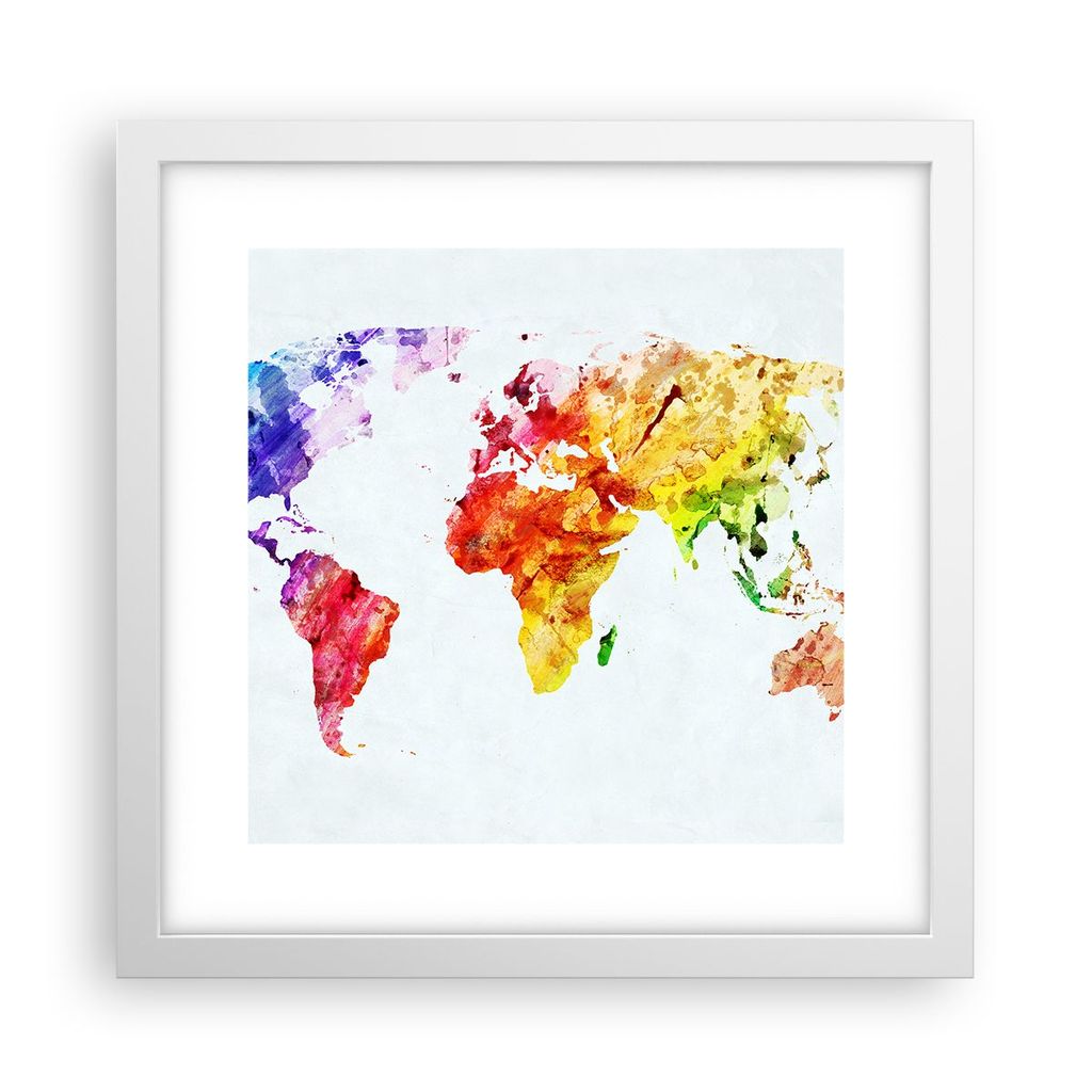 Gerahmtes Poster - Weißer Rahmen - Welt Karte Bunt Kontinente - 30x30 cm - Wand Bild - Wanddeko - Wandbilder - Wandposter - Bilderrahmen - Bilder ...