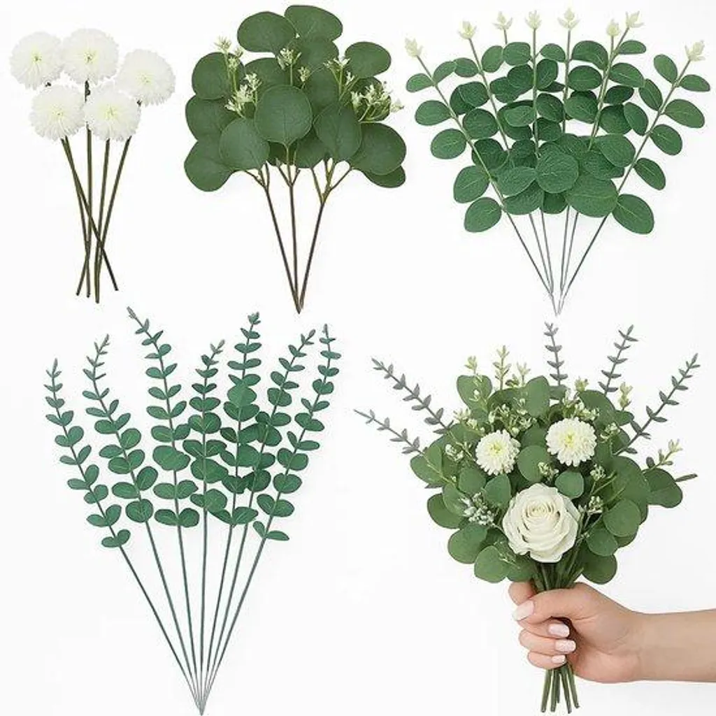 Décoration de table avec 30 fleurs artificielles d'eucalyptus vertes