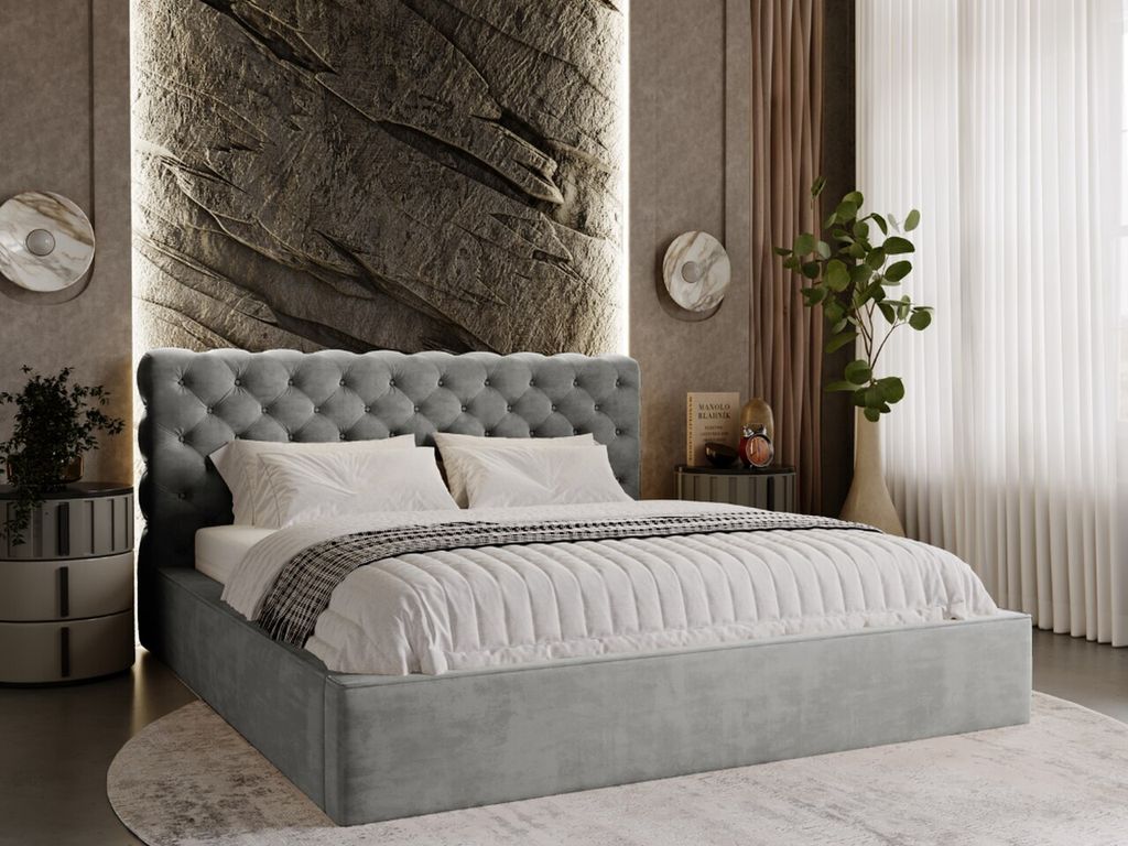 GrainGold Polsterbett Apollo 200x200 cm - Bett 200x200, Polsterbett mit Bettkasten - Doppelbett mit Lattenrost - Dunkelgrau (Magic Velvet 2217)
