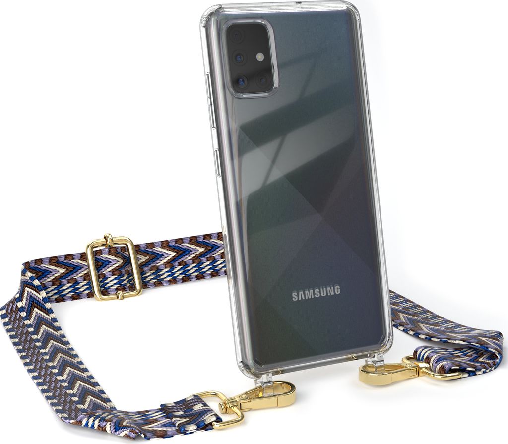 EAZY CASE Handykette - Verstellbarer Trageriemen kompatibel mit Samsung Galaxy A51, Handykordel mit transparenter Silikon-Hülle, Band in Blau