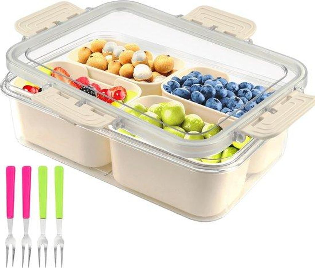 4-Kompartiment Snackbox mit Deckel, Fruchtkiste, Ideal für Büro und Kinder