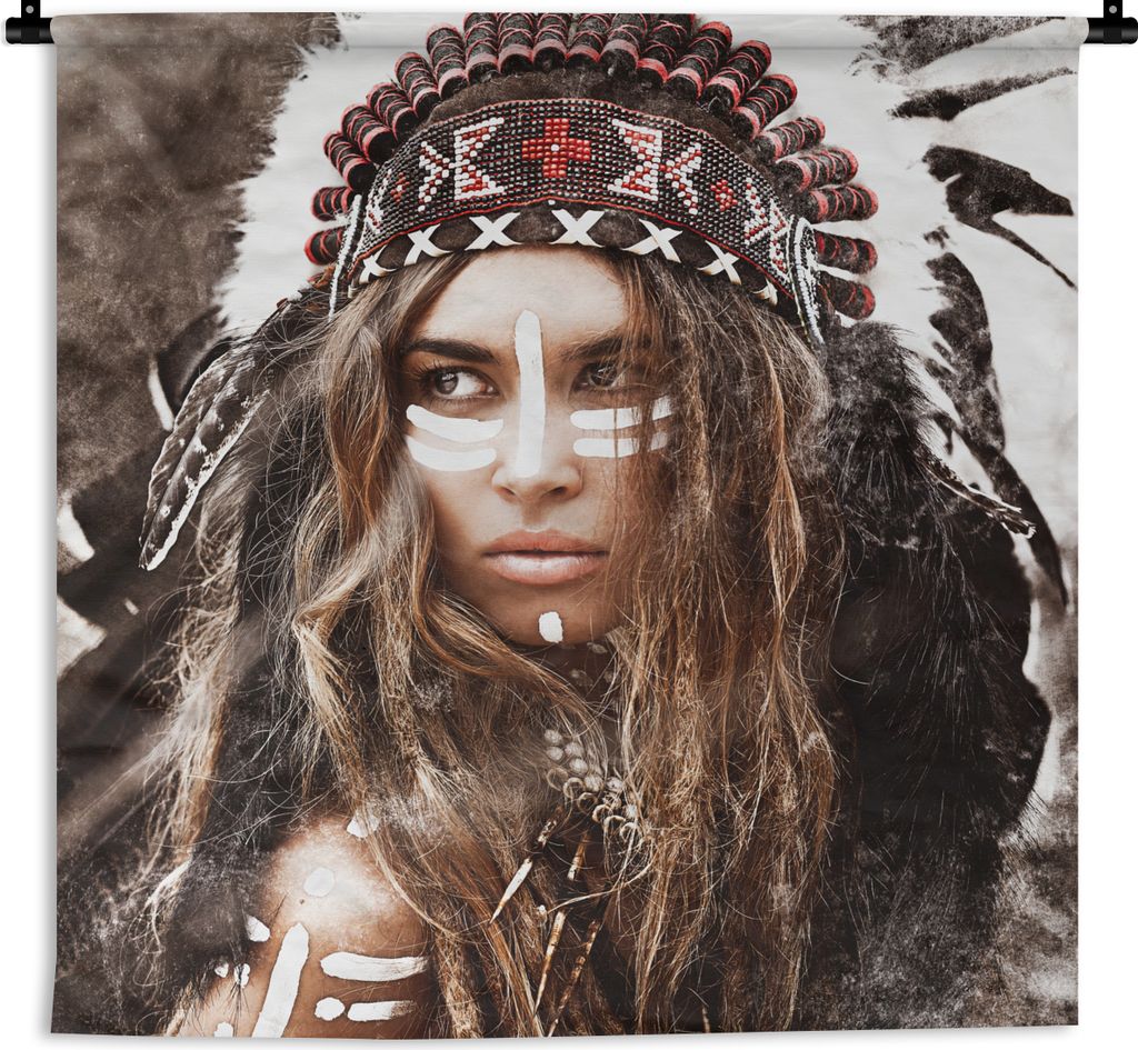 MuchoWow Wandteppich Wandbehang Frau - Indianergewand - Federn - Streifen 60x60 cm Tapisserie Dekoration Wandtuch - Dekorationen - Wand Decke