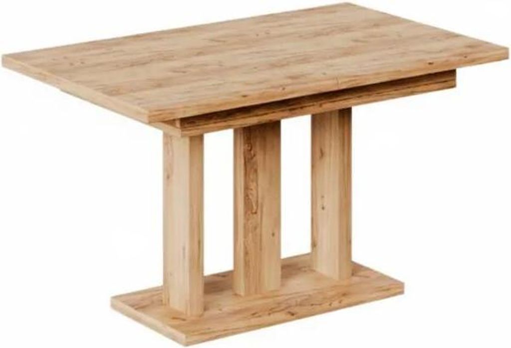 A wooden dining table with a pedestal base.