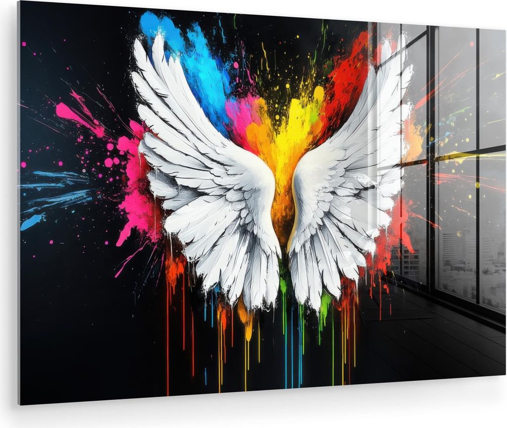 MuchoWow Glasbilder - Bilder auf Wandbild - Foto auf Glas Flügel - Farbspritzer - Farbenfroh 90x60 cm Wanddekoration aus Glas - Acrylglasbild - Ac...