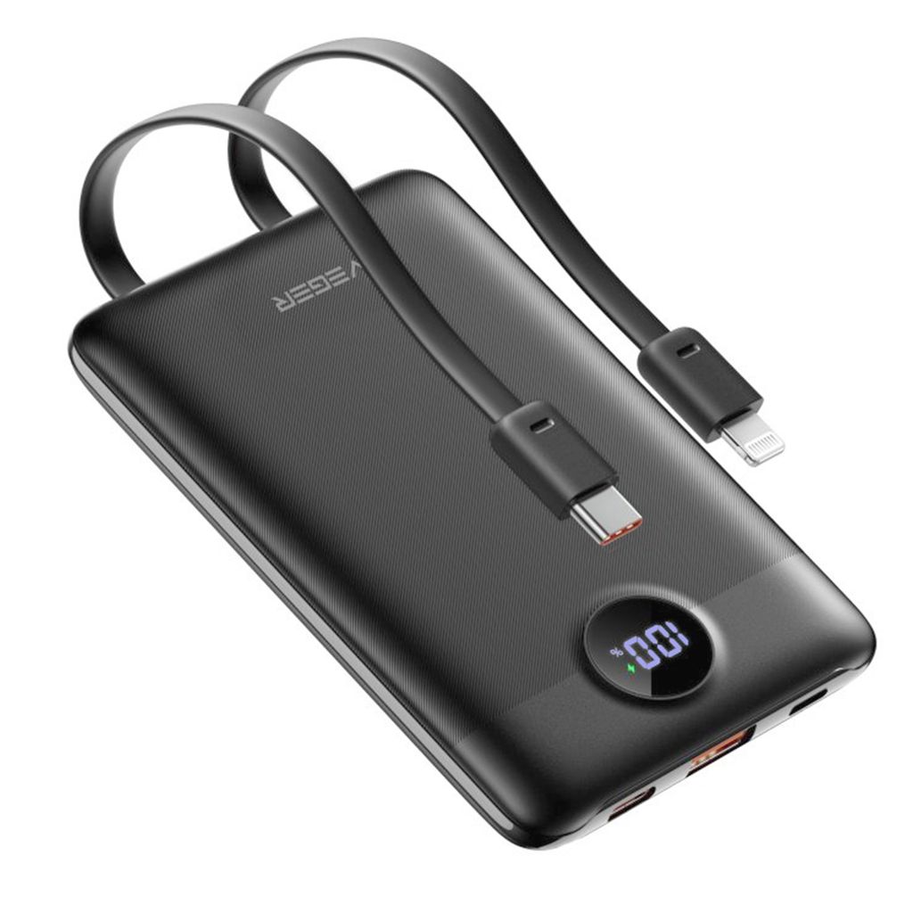 VEGER Powerbank 10 000 mAh mit integrierten Kabeln Typ C / Lightning PD QC3.0 2A 22.5W C11 (W1170) schwarz