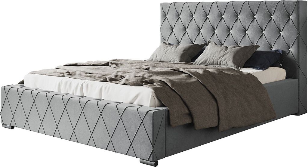 Polsterbett Berlin mit Kopfteil, 160x200 cm, Doppelbett mit Bettkasten und Lattenrost aus Metal, Velourstoff, Farbe: Grau