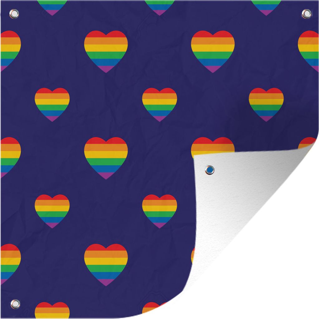 MuchoWow 100x100 cm Outdoor-Poster Gartendeko Sichtschutz Garten Poster für den Garten Eine Illustration von Herzen in Regenbogenfarben auf ein...