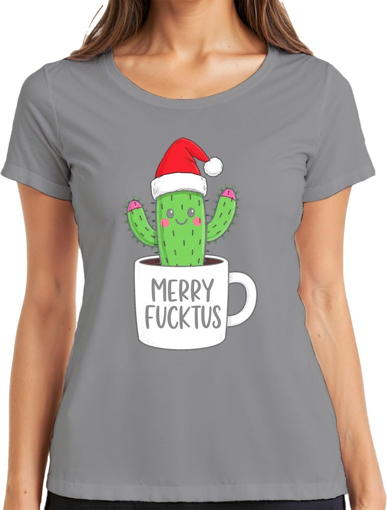 MERRY FUCKTUS lustiger Weihnachtskaktus Nikolaus Mütze Geschenk Damen T-Shirt, Grau, XXL