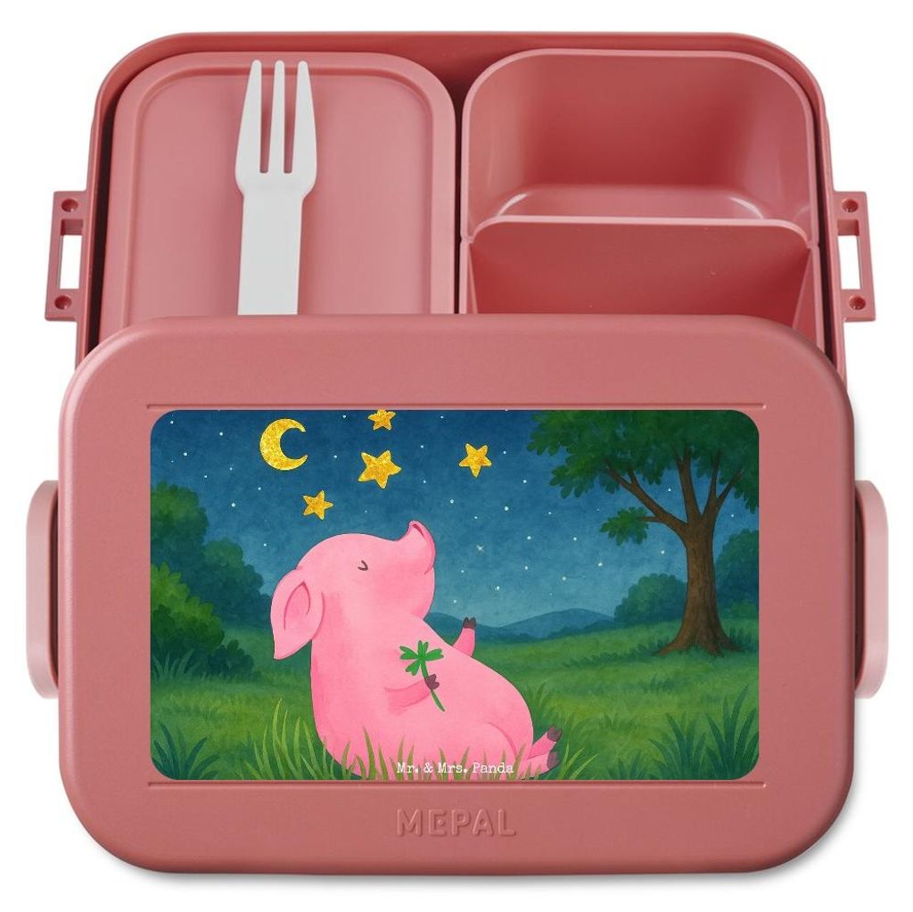 Mr. & Mrs. Panda Lunchbox Schwein Glück Design - Rot Pastell - Geschenk, Bentobox, Ziele, Gute Laune, Motivation, Vesperbox, Glücksbringer, Snack...