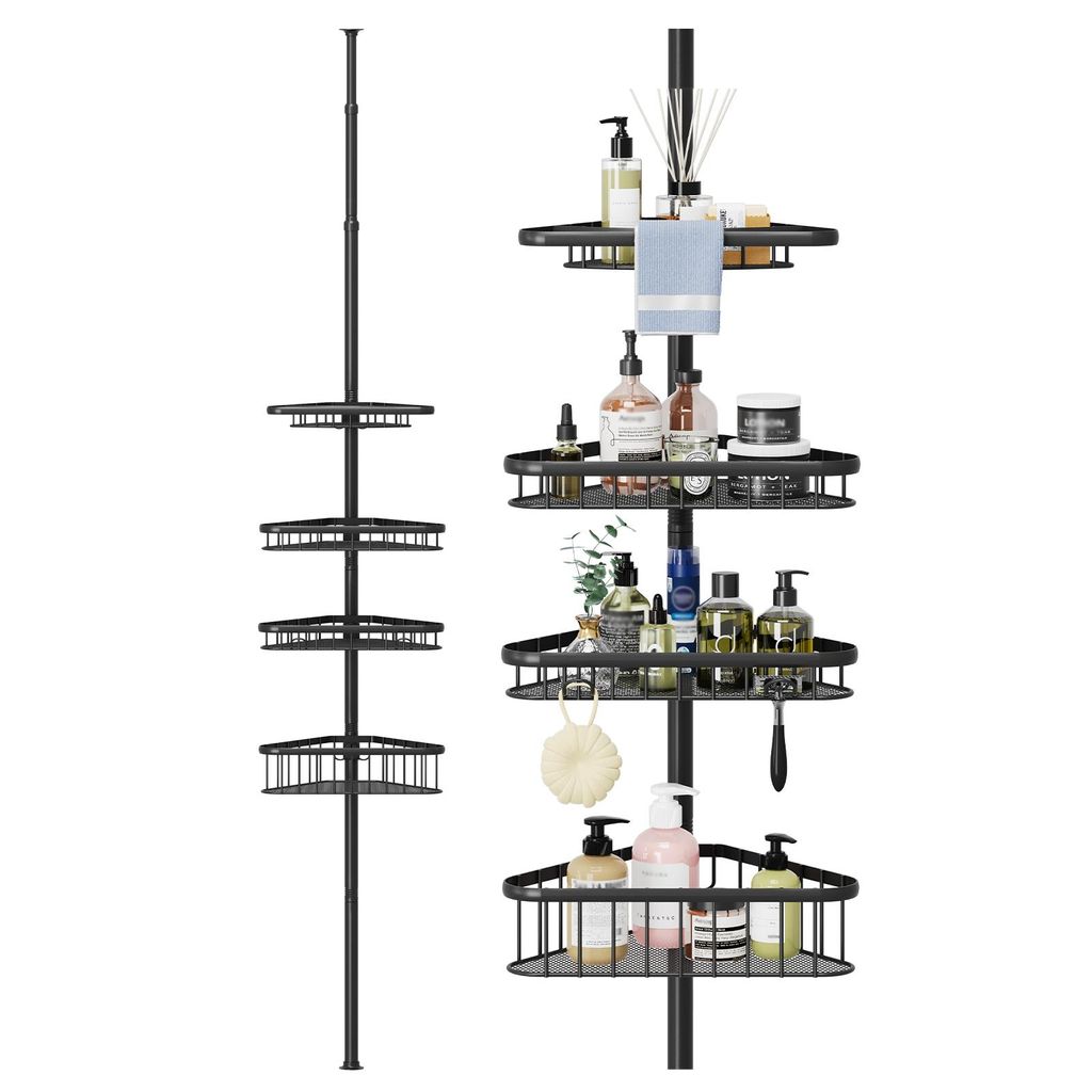iropro Teleskop Duschregal ohne Bohren, Teleskopregal Bad mit 4 Duschkorb, Badregal höhenverstellbar von 98CM bis 287CM Schwarz