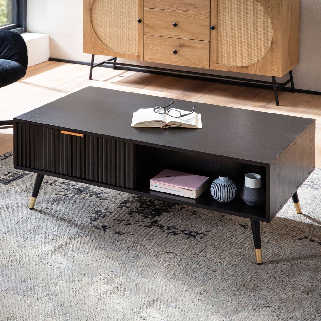 FineBuy Couchtisch 110x60x43 cm Schwarz mit Eiche-Nachbildung Wohnzimmertisch Sofatisch Rechteckig mit Stauraum Kaffeetisch mit Schubladen Tisch Wo...