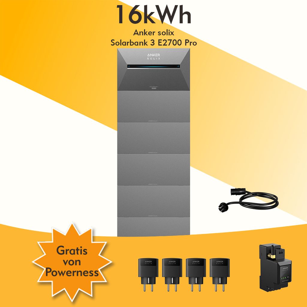 Balkonkraftwerk Speicher 16 kWh, Anker SOLIX Solarbank 3 E2700 Pro mit BP2700 Akku x5 inkl. Anker Smarten Zähler und Smart Plugs für Balkonkraftwerk