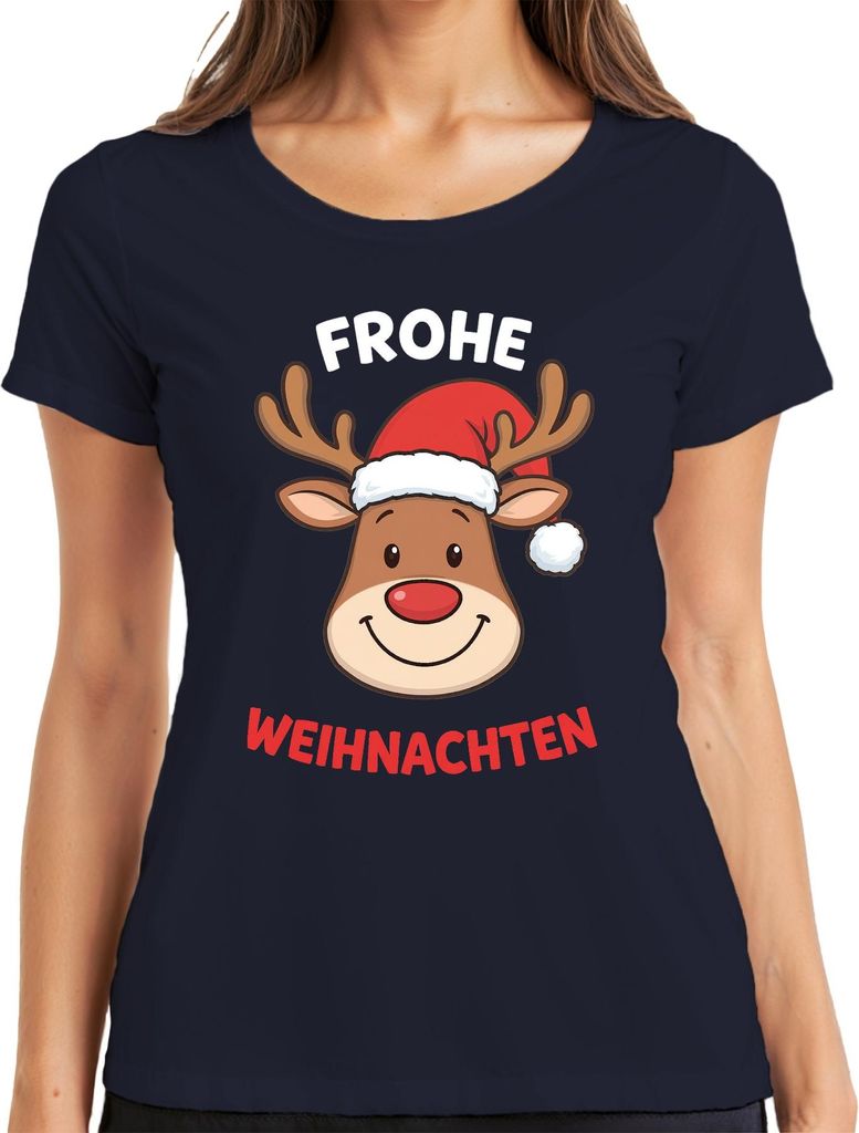 FROHE WEIHNACHTEN Rentier Weihnachtsmütze Cartoon Lustig Kinder Damen T-Shirt, Navy, XXL