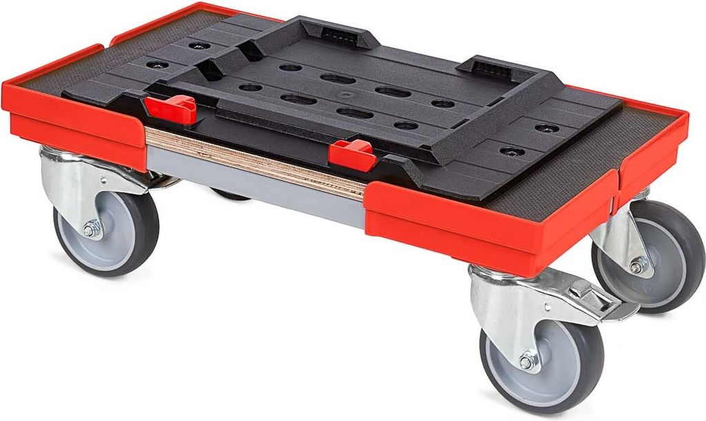 Transportroller für MetaBox L mit Gummiräder | BxT 50x30cm | 2 Bremsrollen & 2 Lenkrollen | Rot | Kistenroller Logistikroller Rollwagen Profi-Fah...