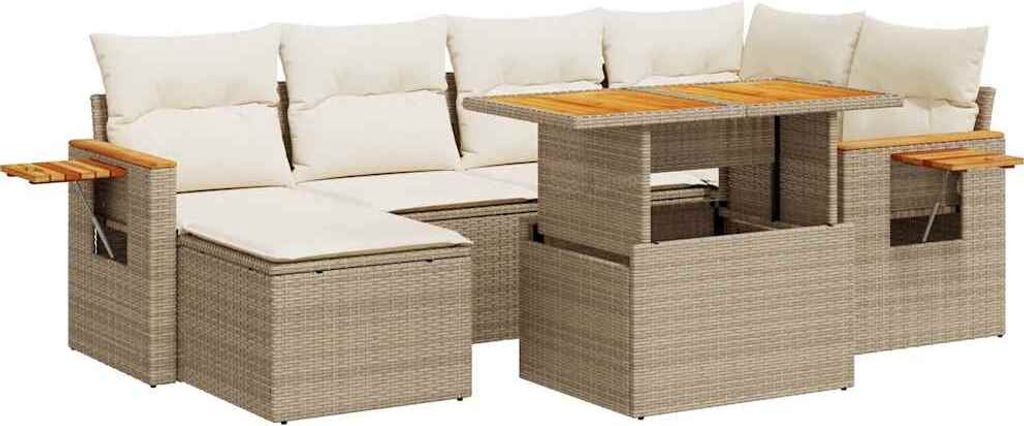 vidaXL 7-tlg. Garten-Sofagarnitur mit Kissen Beige Poly Rattan Akazie