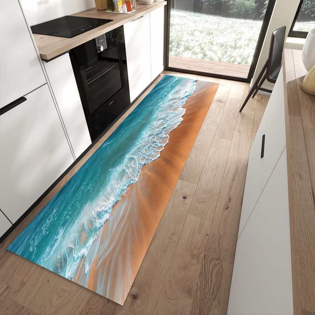 Küchenteppich 80x280cm rutschfest & abwischbar PVC Läufer - Sandstrand Wellen