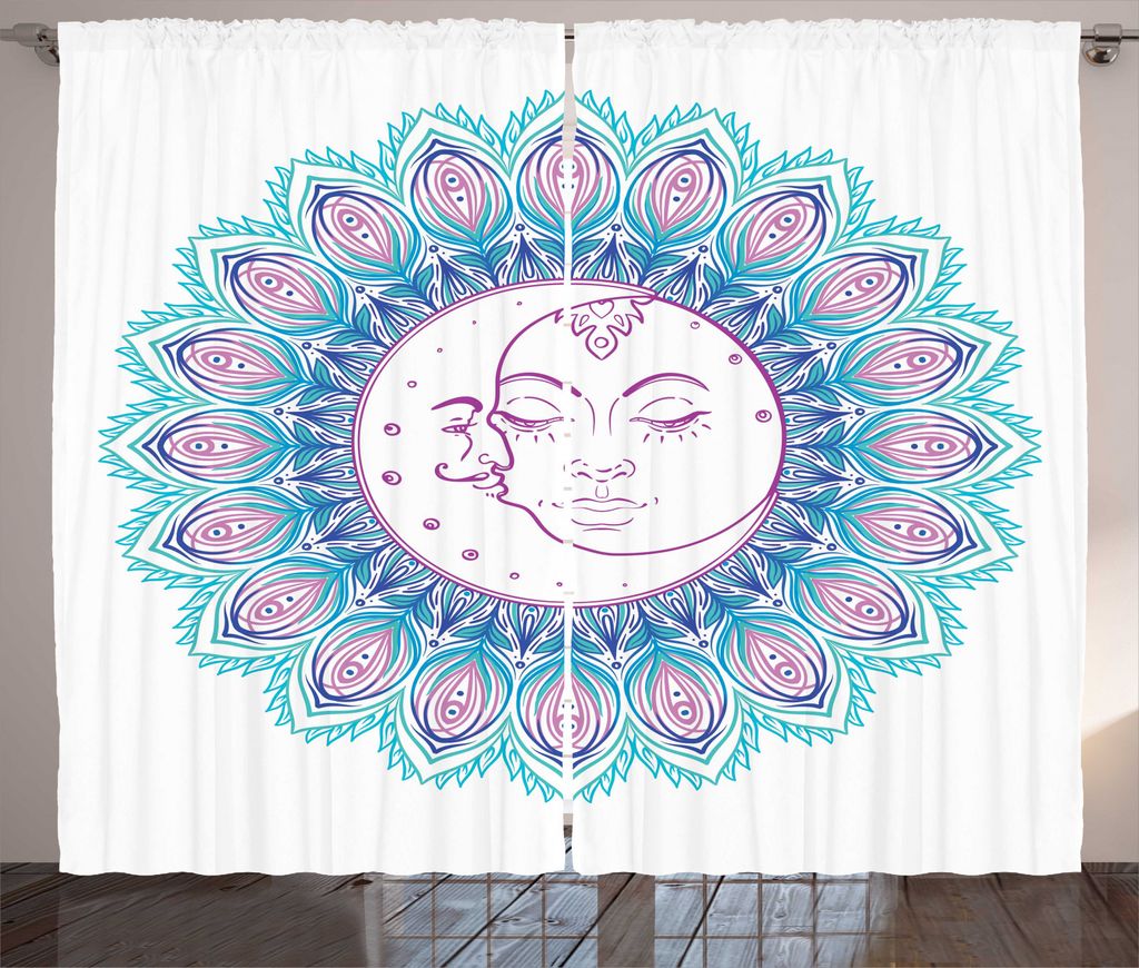 ABAKUHAUS Sonne und Mond Rustikaler Vorhang, Bunte Mandala-Zeichen, Wohnzimmer Universalband Gardinen mit Schlaufen und Haken, 280 x 245 cm, Mehrfa...