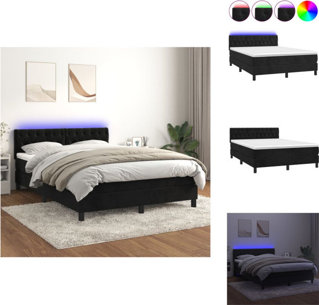 vidaXL Boxspringbett mit Matratze & LED Schwarz 140x200 cm Samt - Betten & Bettgestelle
