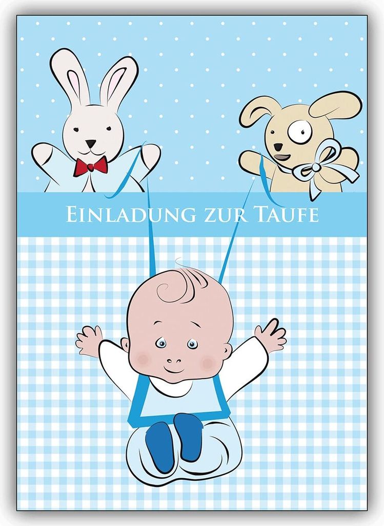 Tolle Einladungskarte zur Taufe (Mädchen) mit Baby und Stofftieren