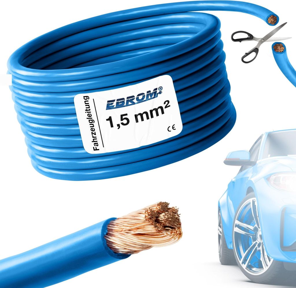 25 Meter EBROM FLRY 1,5mm2 Fahrzeugleitung - KFZ Leitung - Farbe: blau - Querschnitt 1,5 mm² (mm2) flexibel 90 ± 5 Shore 99,99% Kupfer Mantel PVC...