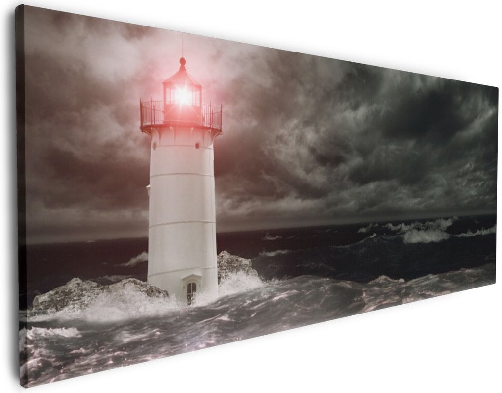 Wallario Premium Leinwandbild Leuchtturm im Wasser bei stürmischer See in Größe 50 x 125 cm