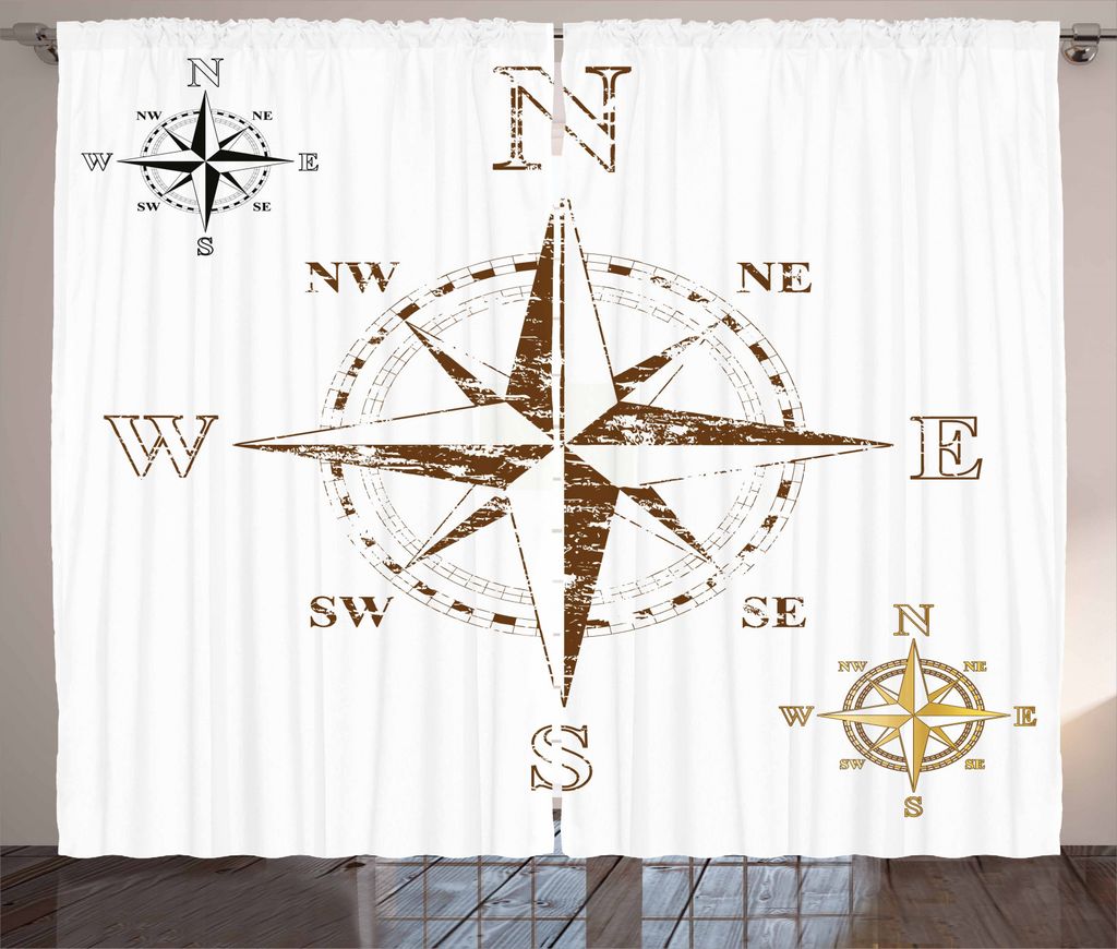 ABAKUHAUS Kompass Rustikaler Gardine, Faded Windrose Segeln, Schlafzimmer Kräuselband Vorhang mit Schlaufen und Haken, 280 x 245 cm, Weiß Braun