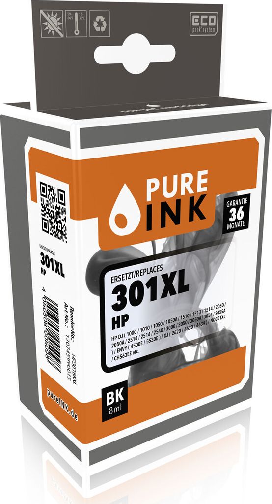 pureINK HP301BKXL BLK Druckerpatrone, 480 Seiten, 8 ml