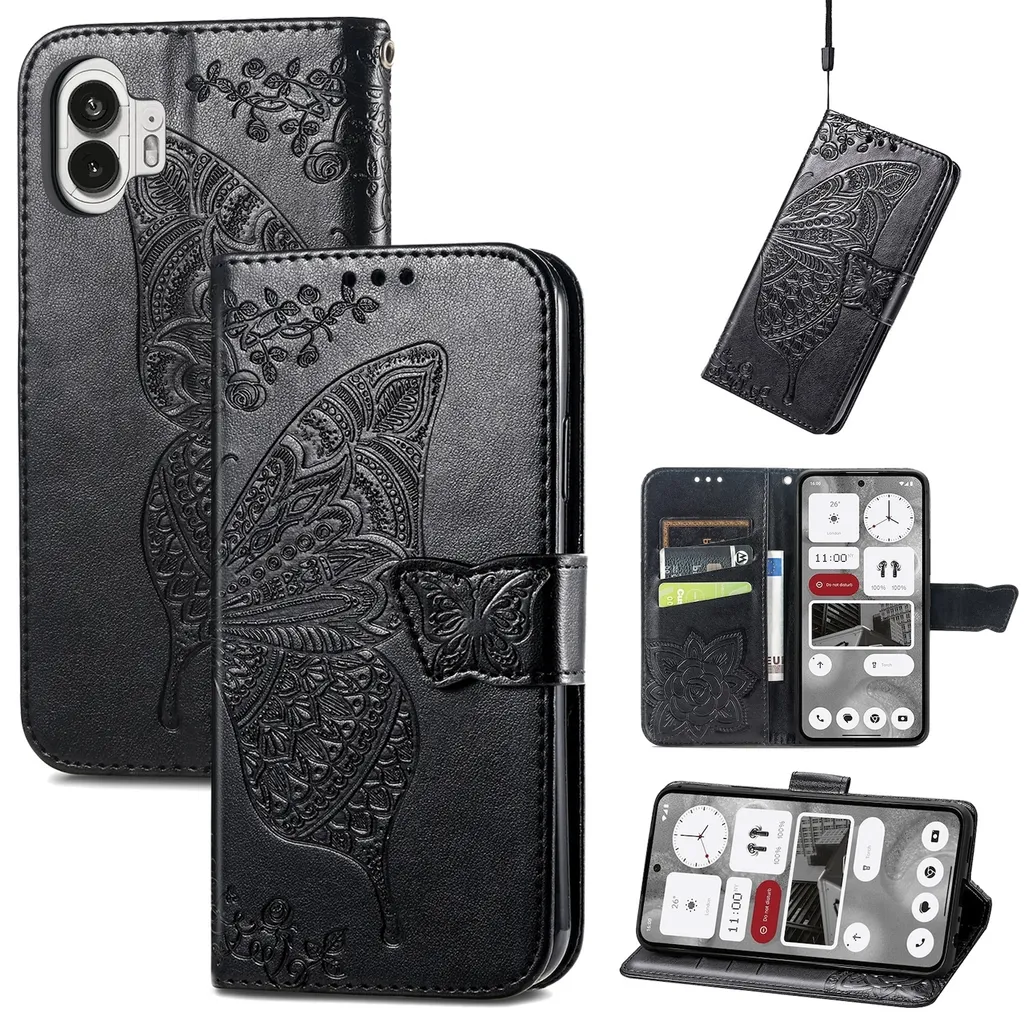 Cover Nothing Phone 2 Nera Portafoglio Farfalla - Protezione Totale