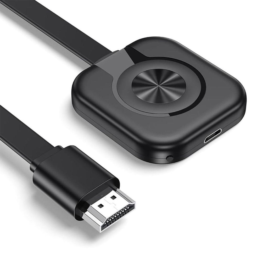 A black wireless HDMI adapter with an HDMI cable attached, shown on a white background.