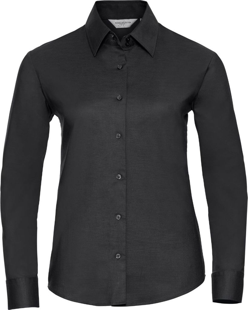 Russell Collection Easy Care Oxford Bluse, Langarm BC1022 (3XL) (Schwarz)