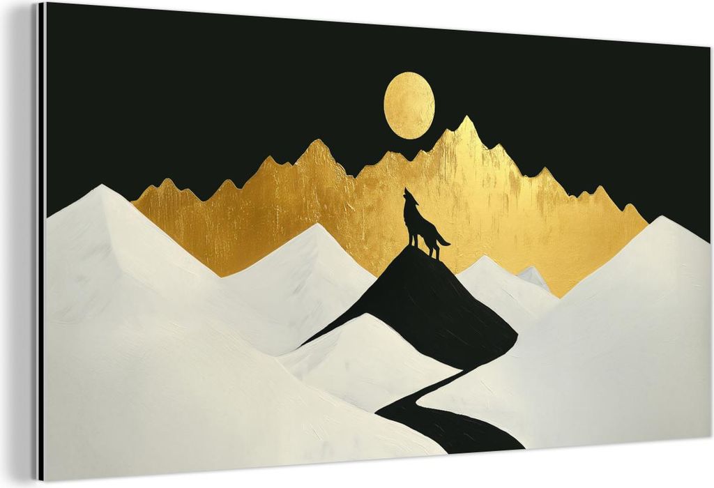 MuchoWow Wanddekoration Metall Metallbild Wandkunst 40x20 cm Wolf - Berg - Mond - Schwarz MuchoWow Aluminium Gemälde - Bild - Aluminium