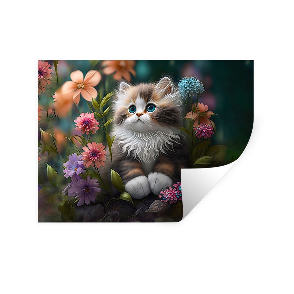MuchoWow Wandtattoo Wandsticker Wandaufkleber Kätzchen - Illustration - Blumen - Natur - Katze 160x120 cm Selbstklebend und Repositionierbar - S...