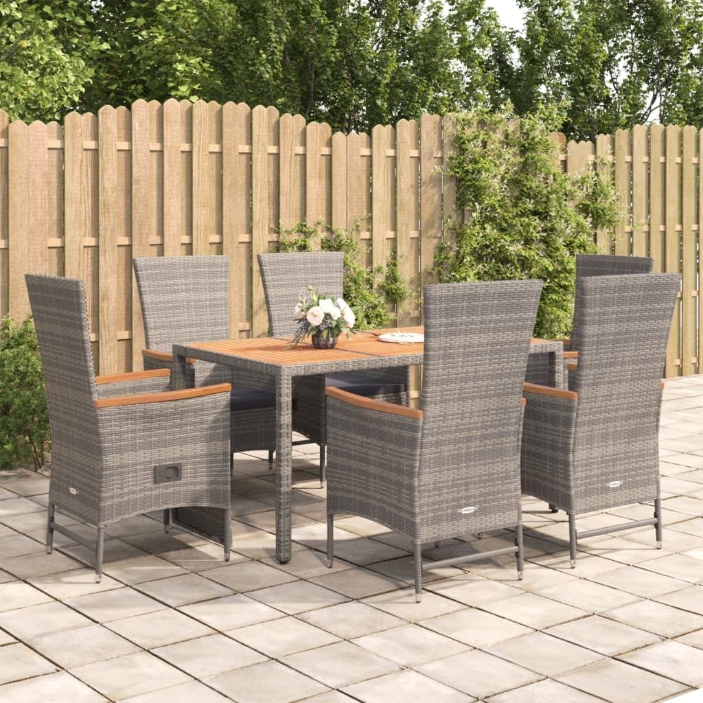 The Living Store 7-tlg. Garten-Essgruppe mit Kissen Grau Poly Rattan
