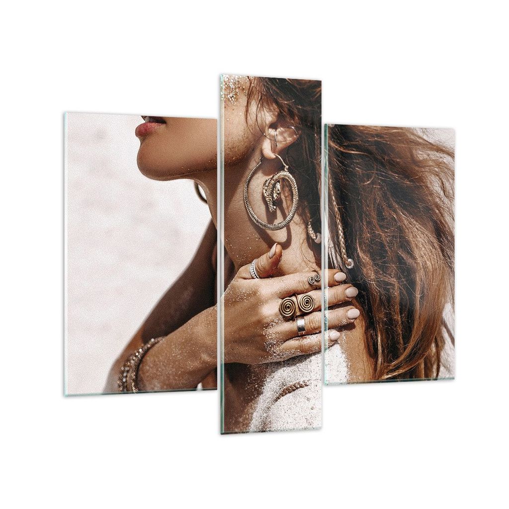Bilder auf glas - 3 Teile - Sand Frau Schmuck - 95x80cm - Glasbilder - Wandbilder - Bilder - zum Aufhängen bereit - Wanddekoration aus Glas - Glas...