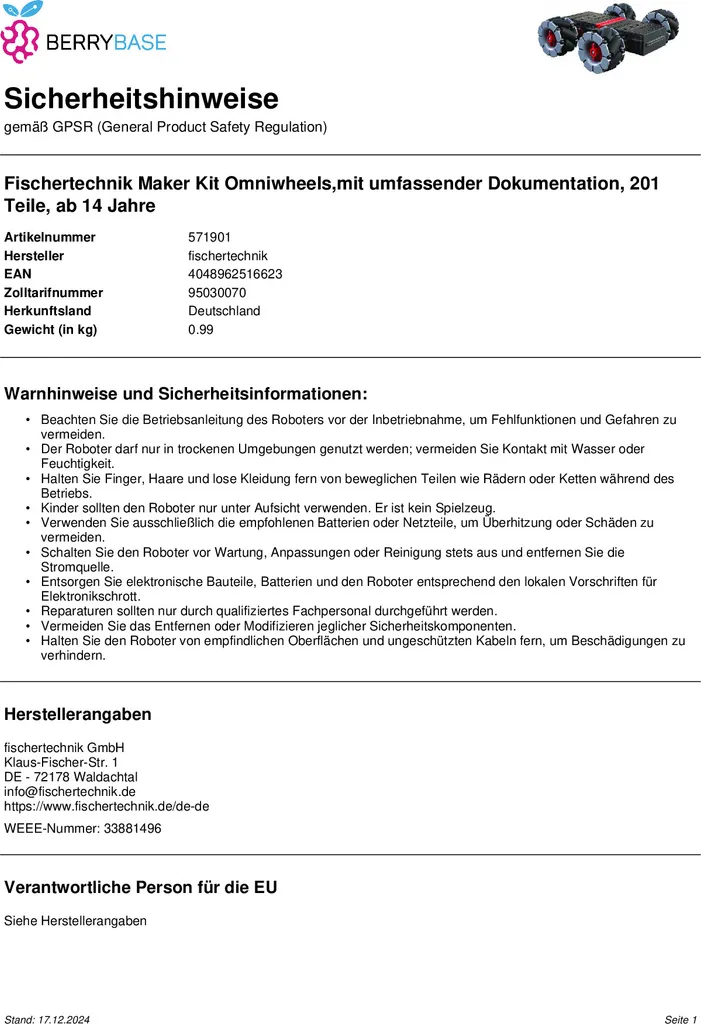 Châssis robotique programmable Fischertechnik pour projets STEM 14+