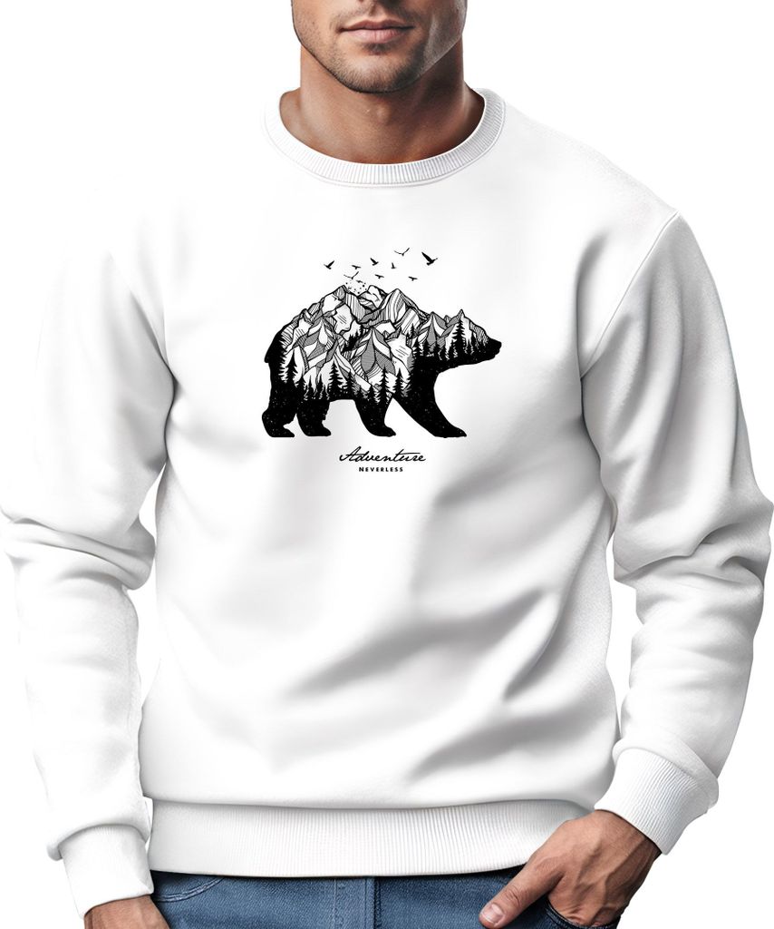 Sweatshirt Herren Bär Abenteuer Berge Wald Bear Mountains Adventure Rundhals-Pullover Neverless weiß M