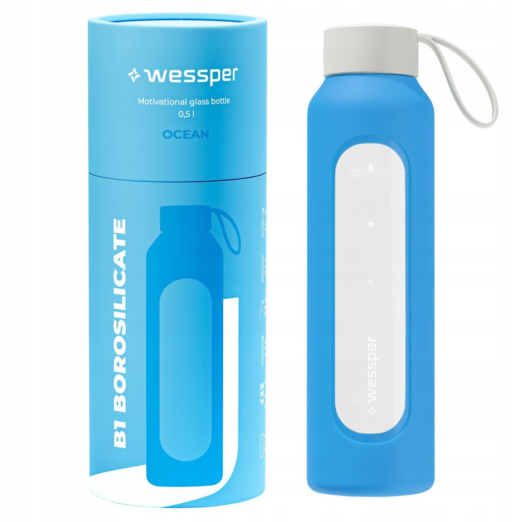 Wessper Trinkflasche aus Glas mit Silikonhülle – 0,5 L – mit Zeitmarkierungen – Aqua