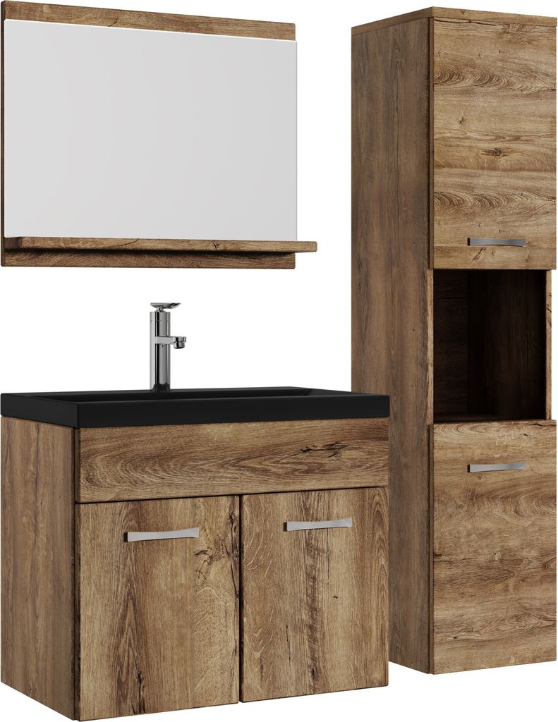 Badmöbel-Set Mit Waschtisch, Spiegel & LED-Beleuchtung – Schwarz/Eiche, Keramikbecken, Soft-Close