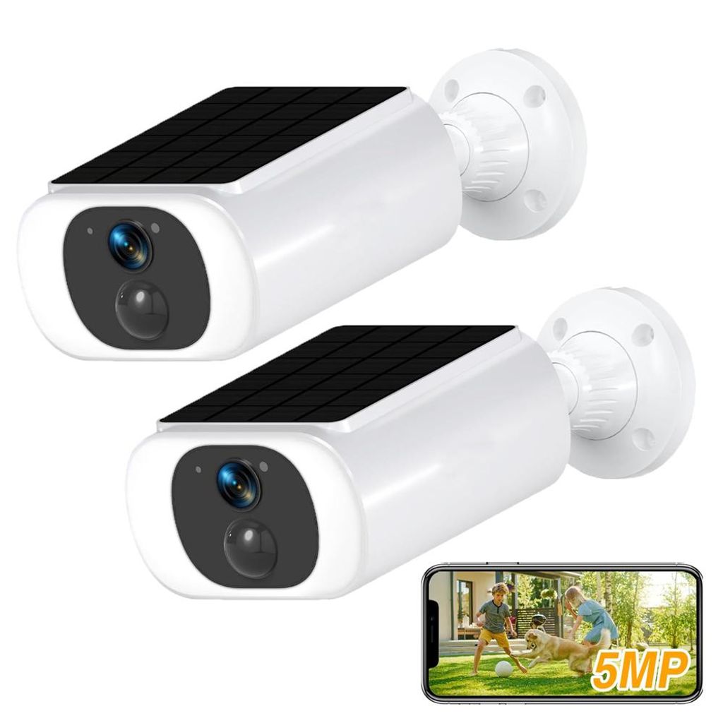 2 Stücke 5MP Überwachungskamera Aussen Akku mit Solarpanel Überwachungskamera Aussen Solar Kamera Überwachung mit Spotlight PIR-Bewegungserkennung