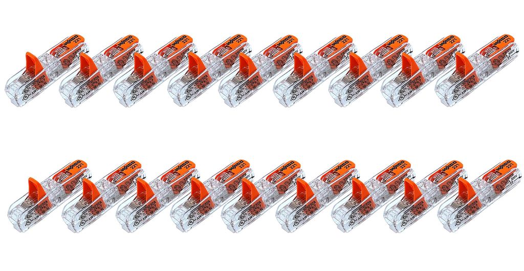 20 Stück Wago 221-2411 COMPACT-Verbindungsklemme für alle Leiterarten 2-Leiter-Klemme mit Betätigungshebeln transparent
