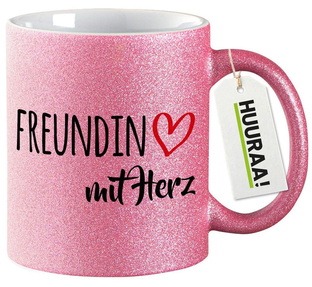 Huuraa Glitzertasse Freundin mit Herz 330ml Pink Keramik Kaffeebecher Geschenkidee