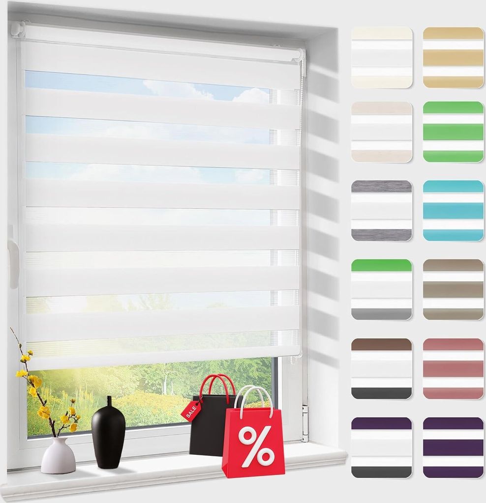 Doppelrollo Klemmfix ohne Bohren Rollo mit Kassette Zebrarollo Duo Fensterrollo Wei? 95cmX140cm