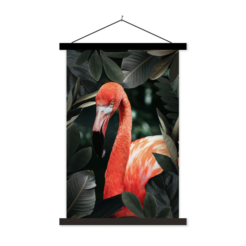 MuchoWow Textilposter Flamingo - Blätter - Grün 40x60 cm mit schwarzem Rahmen - Wanddekorationen