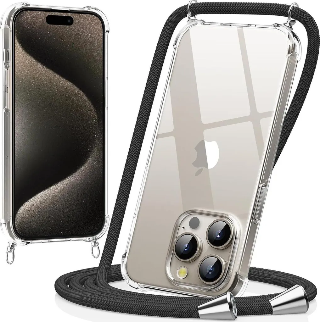 Coque iPhone 15 Pro bandoulière noir, idéale pour voyage et extérieur